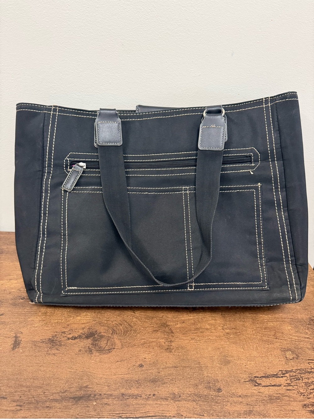 Black Hot Pink Canvas Tote with Contrast Stitching & Padded Laptop Compartment